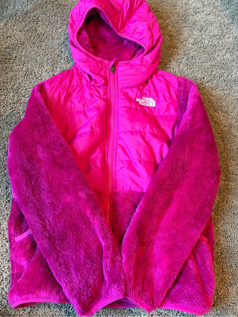 The North Face Girls Bright Pink Plush & Puffer Hooded Jacket